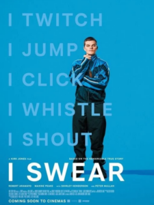 Affiche du film I Swear, un homme debout sur fond bleu.